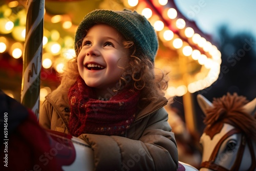 children, wide-eyed and joyful, gazing at a vibrant Christmas market carousel, with sparkly lights reflecting in their eyes, against a twilight sky