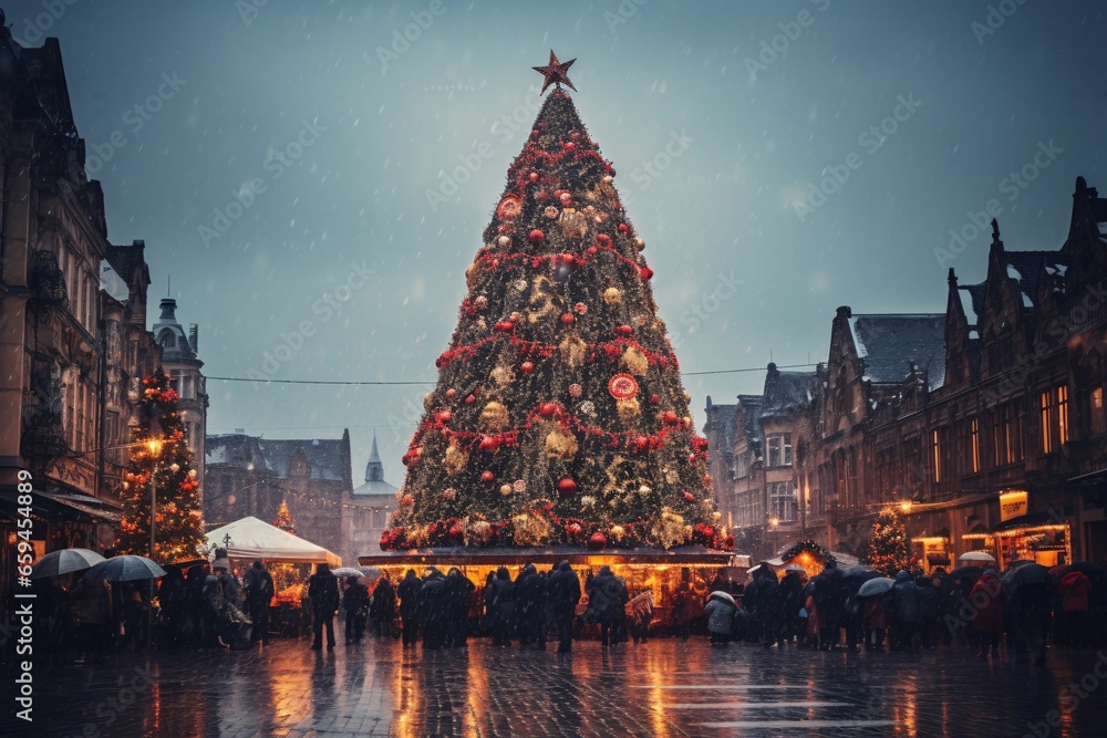 a vibrant Christmas tree towering over a lively Christmas market, adorned with colorful ornaments and surrounded by bustling shoppers