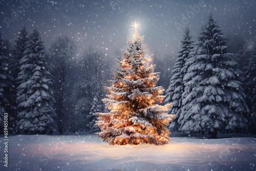 a snowy outdoor scene featuring a radiant Christmas tree adorned with sparkling lights and surrounded by untouched snow