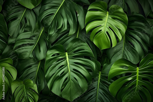 Large green monstera leaves on a dark background