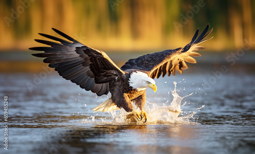Talon out bald eagle has spotted it's prey while hunting. big splash as eagle dives for fish photo