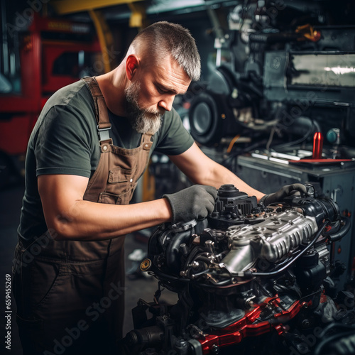 A professional man mechanic working on a car engine in a garage. Car repair service. Hands wear mechanic gloves. Mechanic holding a tool to tighten the nut. Engine cover