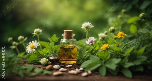 Bottle of massaging oil over natural spa background with flowers and leaves. Natural remedies. Medicinal chamomile. Homeopathy. Organic bio alternative medicine, brown bottle.