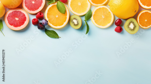 Sliced fruits and berries on pastel background