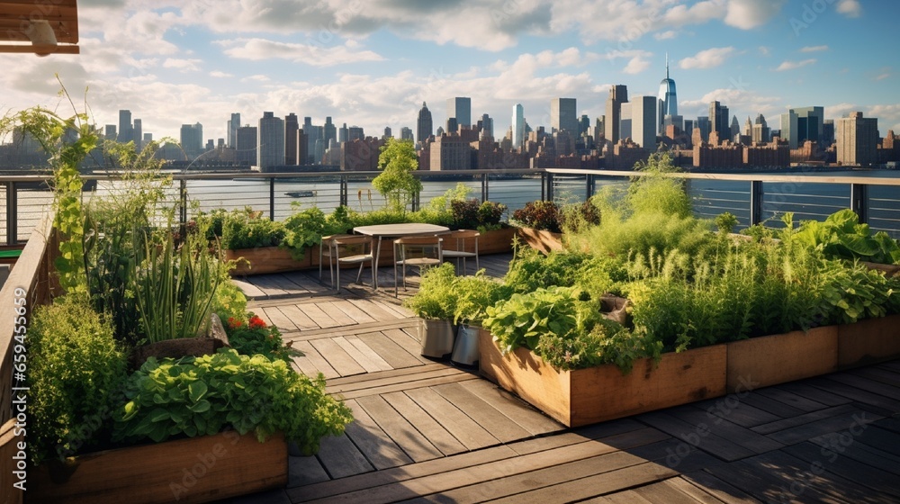 Fototapeta premium A rooftop garden with raised beds of herbs and a cityscape on the horizon.