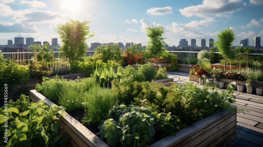 A rooftop garden with raised beds of herbs and a cityscape on the horizon. A rooftop garden with raised beds of herbs and a cityscape on the horizon.