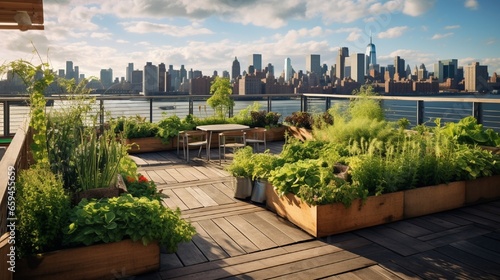 A rooftop garden with raised beds of herbs and a cityscape on the horizon.