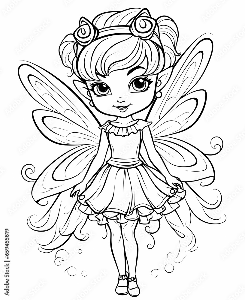 Fototapeta premium Fairy coloring book page for kids with simple details. Cute cartoon little fairy blows fairy for coloring on white background