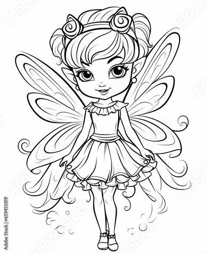Fairy coloring book page for kids with simple details. Cute cartoon little fairy blows fairy for coloring on white background