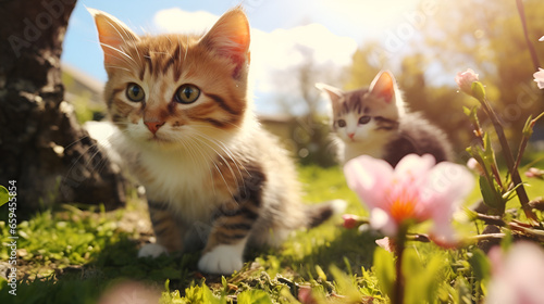A playful kitten frolicking amidst garden greenery, its curious eyes and whiskers twitching in delight