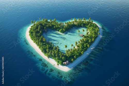 Heart-shaped island in tropical waters. Generative AI © Jaida