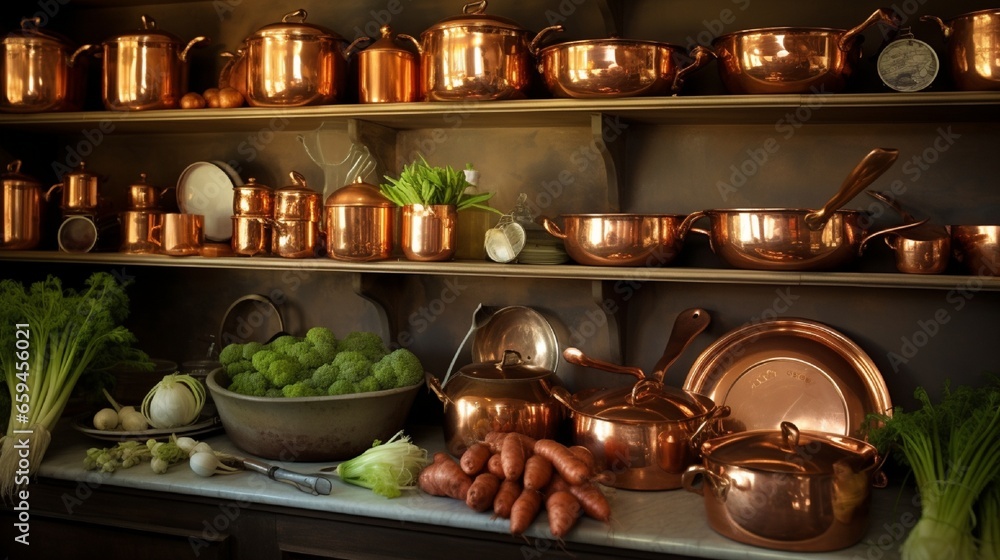 A scullery filled with polished copper pans and fresh produce ready for cooking.