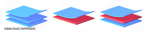 Layers of material fabric blue red 3d stack design, 3 square wave surface batches sheets graphic illustration, three underlay diagram structure cloth or skin perspective, triple level image clipart