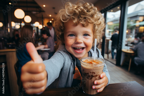 Little child spend time leisure in indoor restaurant bar. Happy smiling cheerful toddler kid boy shows thumb up while drinking smoothie milkshake with cream beverage with straw in family cafe photo