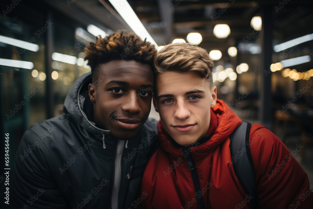 Happy generation z, millenials, multiracial LGBTQ couple relationship concept. Portrait shot of young, adult smiling, happy gay male men family or couple looking on each other in romantic love Happy generation z, millenials, multiracial LGBTQ couple relationship concept. Portrait shot of young, adult smiling, happy gay male men family or couple looking on each other in romantic love