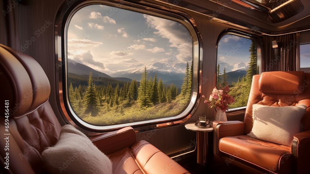 A traina??s luxury cabin with plush seats and a window showing scenic landscapes.