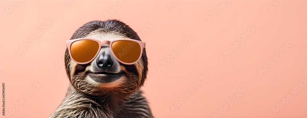 Sloth in sunglass shade on a solid uniform background, editorial advertisement, commercial. Creative animal concept. With copy space for your advertisement
