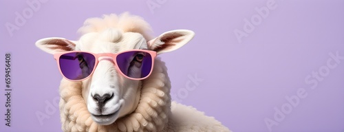 Sheep in sunglass shade on a solid uniform background, editorial advertisement, commercial. Creative animal concept. With copy space for your advertisement