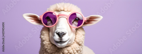 Sheep in sunglass shade on a solid uniform background, editorial advertisement, commercial. Creative animal concept. With copy space for your advertisement © 360VP
