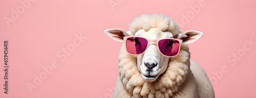 Sheep in sunglass shade on a solid uniform background, editorial advertisement, commercial. Creative animal concept. With copy space for your advertisement