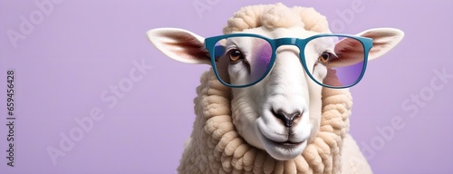 Sheep in sunglass shade on a solid uniform background, editorial advertisement, commercial. Creative animal concept. With copy space for your advertisement