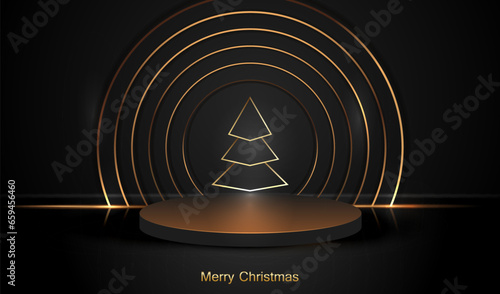 Christmas podium with gold podium and tree background. Holiday winter design with place to display product sale or gift. Happy New Year vector card.