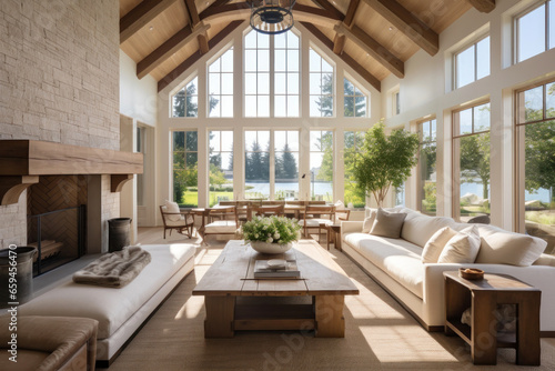 Interior Design of Modern Living Room In Farmhouse With Vaulted Ceiling  Big Windows and Fireplace