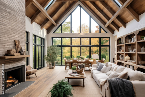 Interior Design of Modern Eco Living Room In Farmhouse With Vaulted Ceiling, Big Windows and Fireplace © Nikki AI