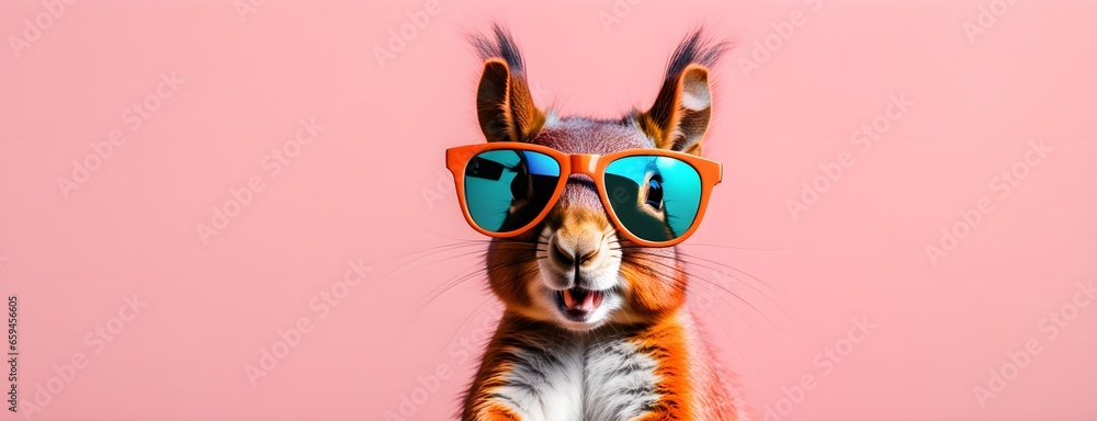 Squirrel in sunglass shade on a solid uniform background, editorial advertisement, commercial. Creative animal concept. With copy space for your advertisement