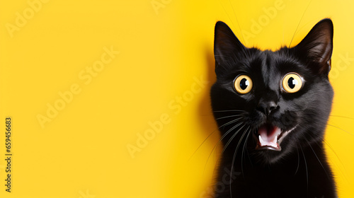 a shocked black cat on yellow background photo