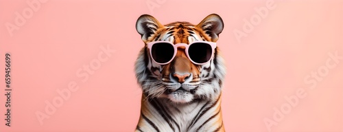 Tiger in sunglass shade on a solid uniform background, editorial advertisement, commercial. Creative animal concept. With copy space for your advertisement