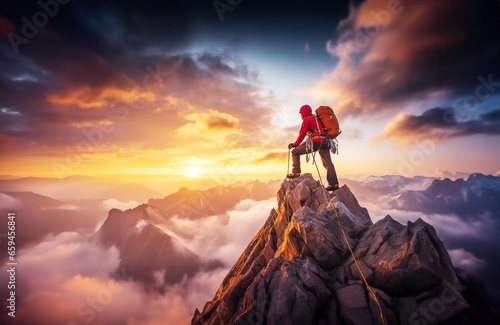 Climber reaches summit of mountain peak sunset. climbing and mountaineering sport concept. © Feathering Flower