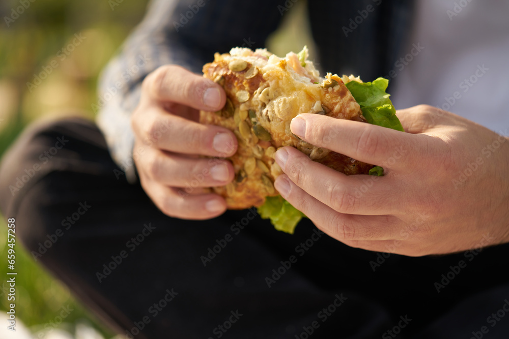 Men's hands hold a fresh sandwich, a clear and sunny day. Men's hands hold a fresh sandwich, a clear and sunny day.