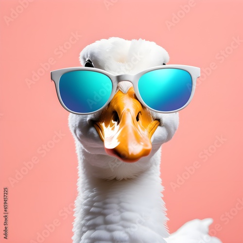 White swan in sunglass shade on a solid uniform background, editorial advertisement, commercial. Creative animal concept. With copy space for your advertisement © 360VP