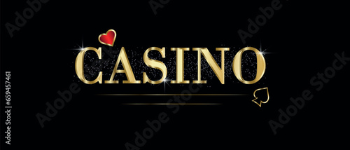 Luxury casino banner with casino playing card symbols on a black stylish background with glitter and shine. Casino concept. Vector illustration.