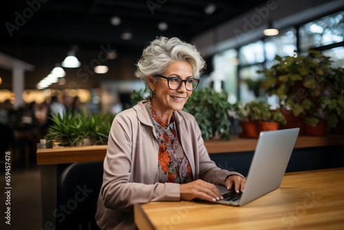 Mature middle aged senior woman using laptop working on computer in cafe. Concentrated old businesswoman distance applicant, aged seeker searching job online, blogger writer. Old people and technology