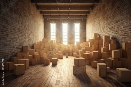 Boxes moving inside vacant space. Generative AI © Fallon
