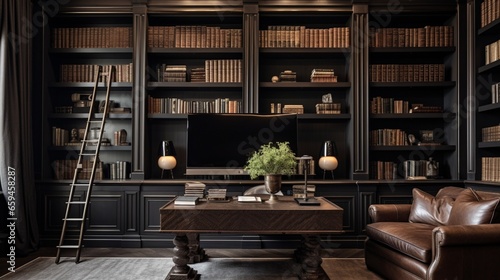 Private Study with Built-In Bookshelves and a Concealed Bar Cabinet.