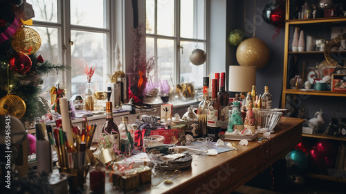 precision is applied to a couple crafting homemade New Year s decorations  surrounded by art supplies and a meticulously recreated festive atmosphere in their apartment. 
