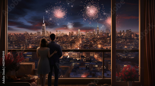 man and woman enjoy a rooftop view of a dazzling New Year's fireworks display from their charming city apartment, with every detail meticulously recreated. 