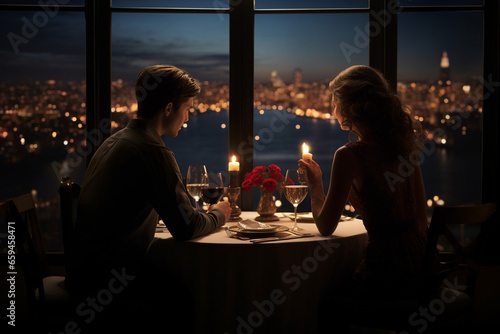 A man and a woman are enjoying a quiet  intimate dinner for two at a candlelit table  with a view of the city lights from their apartment window. 