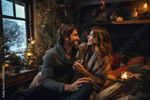 A man and a woman are toasting with champagne flutes in their cozy, loft-style apartment, adorned with rustic, New Year's decorations. 
