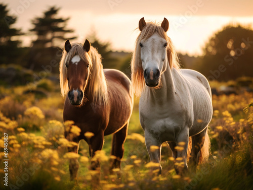 Wild horses in a lush pasture at sunrise chestnut brown and white ponies facing forward © Feathering Flower