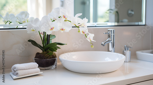 A bathroom counter with a sink  decorated with pretty flowers