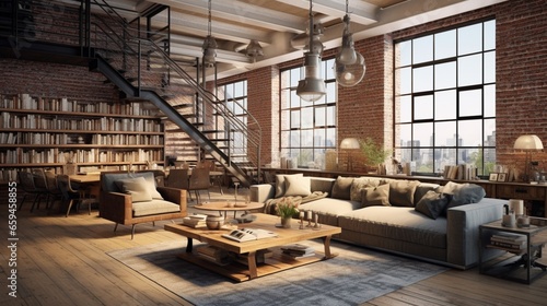 Step into a loft living space that seamlessly blends vintage charm with industrial vibes. © ZUBI CREATIONS