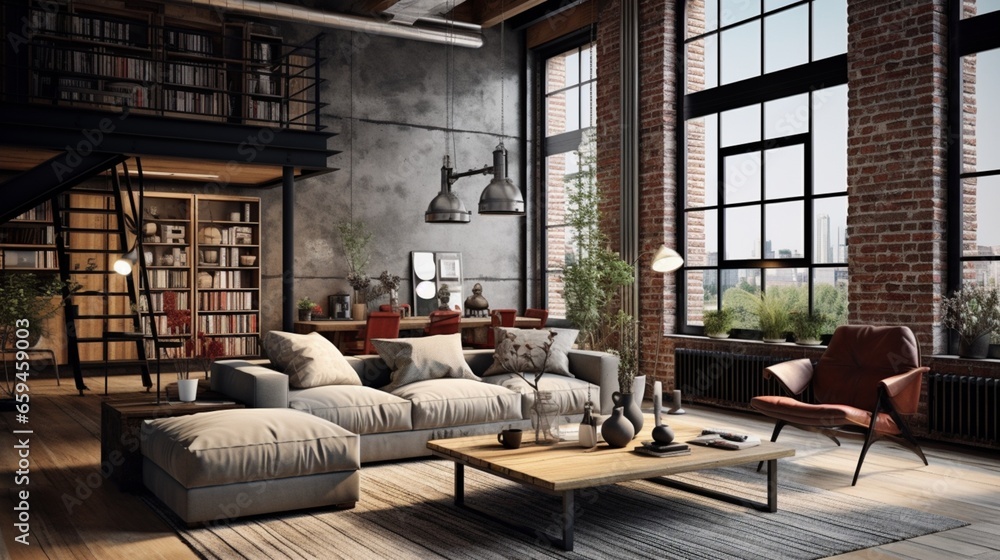 Step into a loft living space that seamlessly blends vintage charm with industrial vibes.