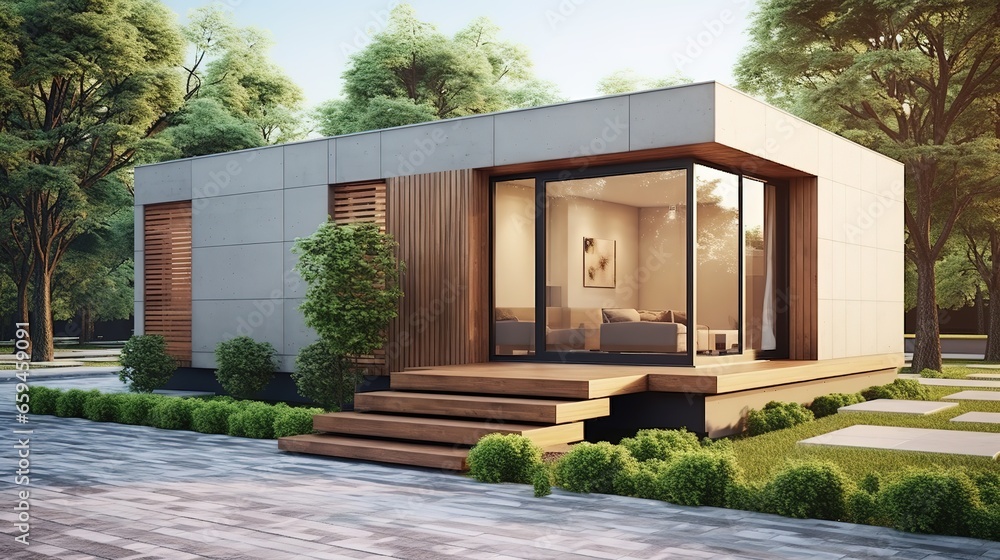 Modern small minimalist cubic house with wooden terrace and landscaping design front yard Modern small minimalist cubic house with wooden terrace and landscaping design front yard