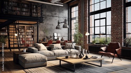 Step into a loft living space that seamlessly blends vintage charm with industrial vibes. © ZUBI CREATIONS