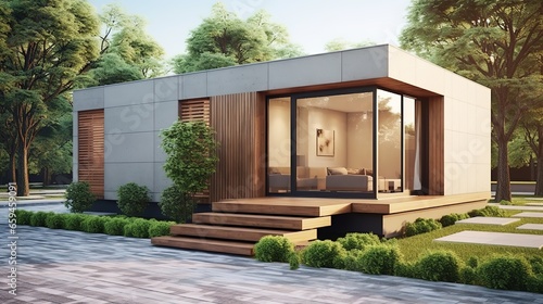 Modern small minimalist cubic house with wooden terrace and landscaping design front yard © LELISAT