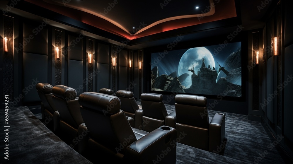 Transform your home into a cinematic experience with a theater boasting plush recliners and ambient lighting.